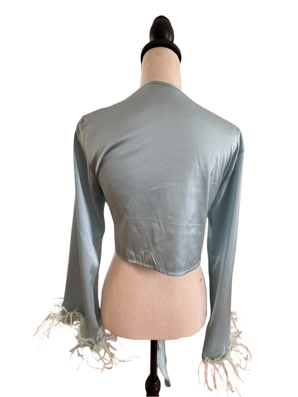 Light Blue Feather Trim Tie-Front Lingerie Top - Picture 2 of 2